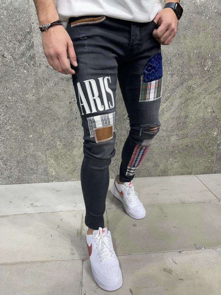 Premium Paris Patched Slim Fit Erkek Kot Pantolon SiyahPremium Paris Patched Slim Fit Erkek Kot Pantolon Siyah