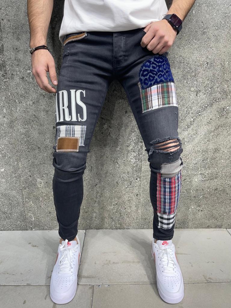 Premium Paris Patched Slim Fit Erkek Kot Pantolon SiyahPremium Paris Patched Slim Fit Erkek Kot Pantolon Siyah