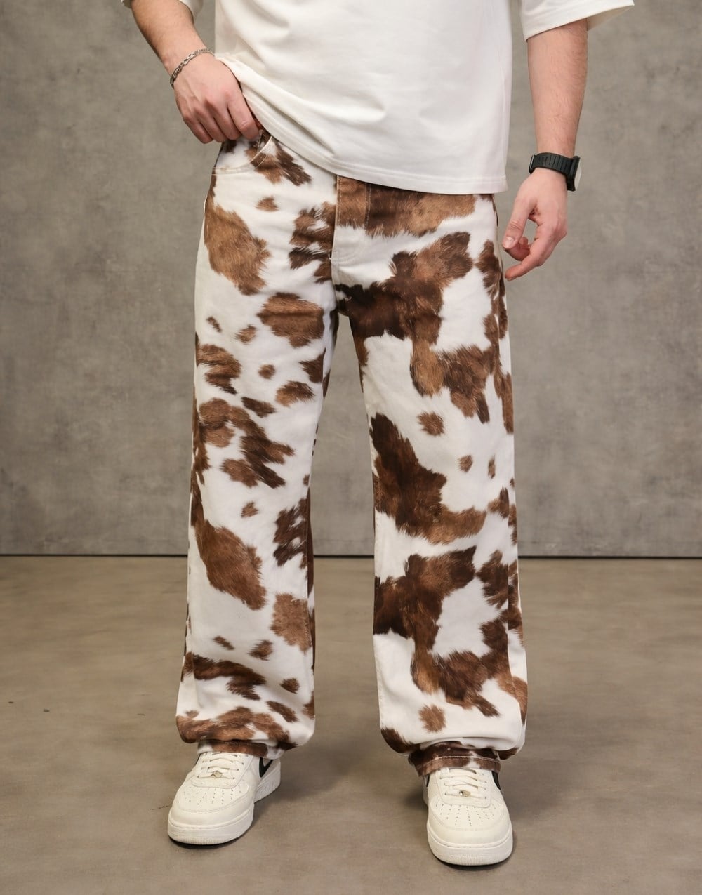 Ultra Premium Cow Printed Baggy Kot PantolonUltra Premium Cow Printed Baggy Kot Pantolon