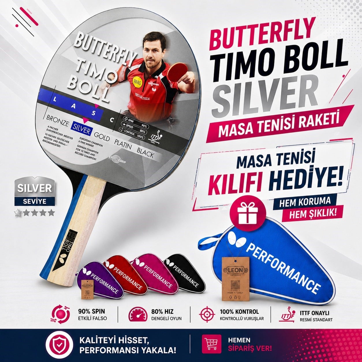 Butterfly 85016S Boll Silver ITTF Onaylı Masa Tenisi Raketi