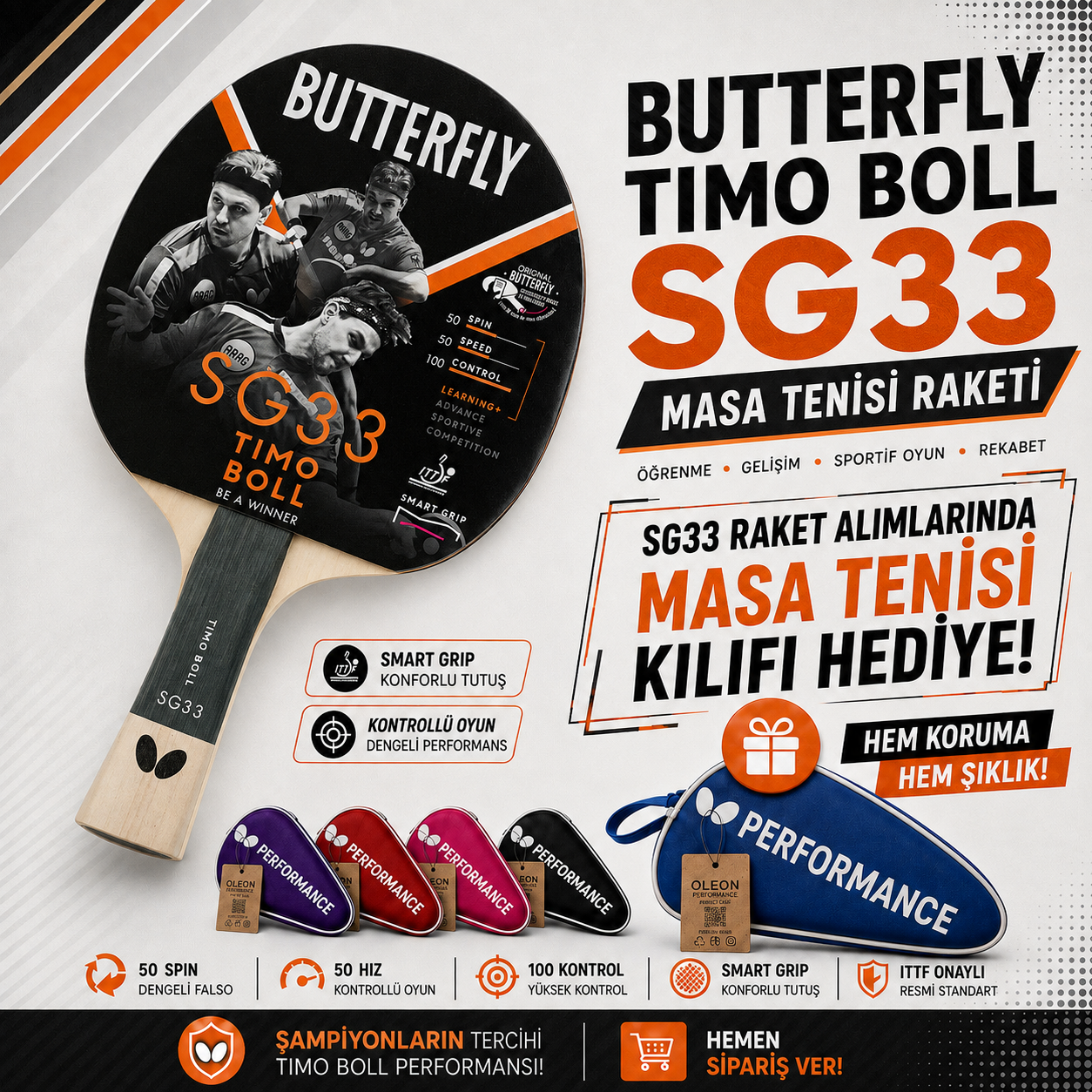 Butterfly 85017S Boll Smart Grip SG33 ITTF Onaylı Masa Tenisi Raketi