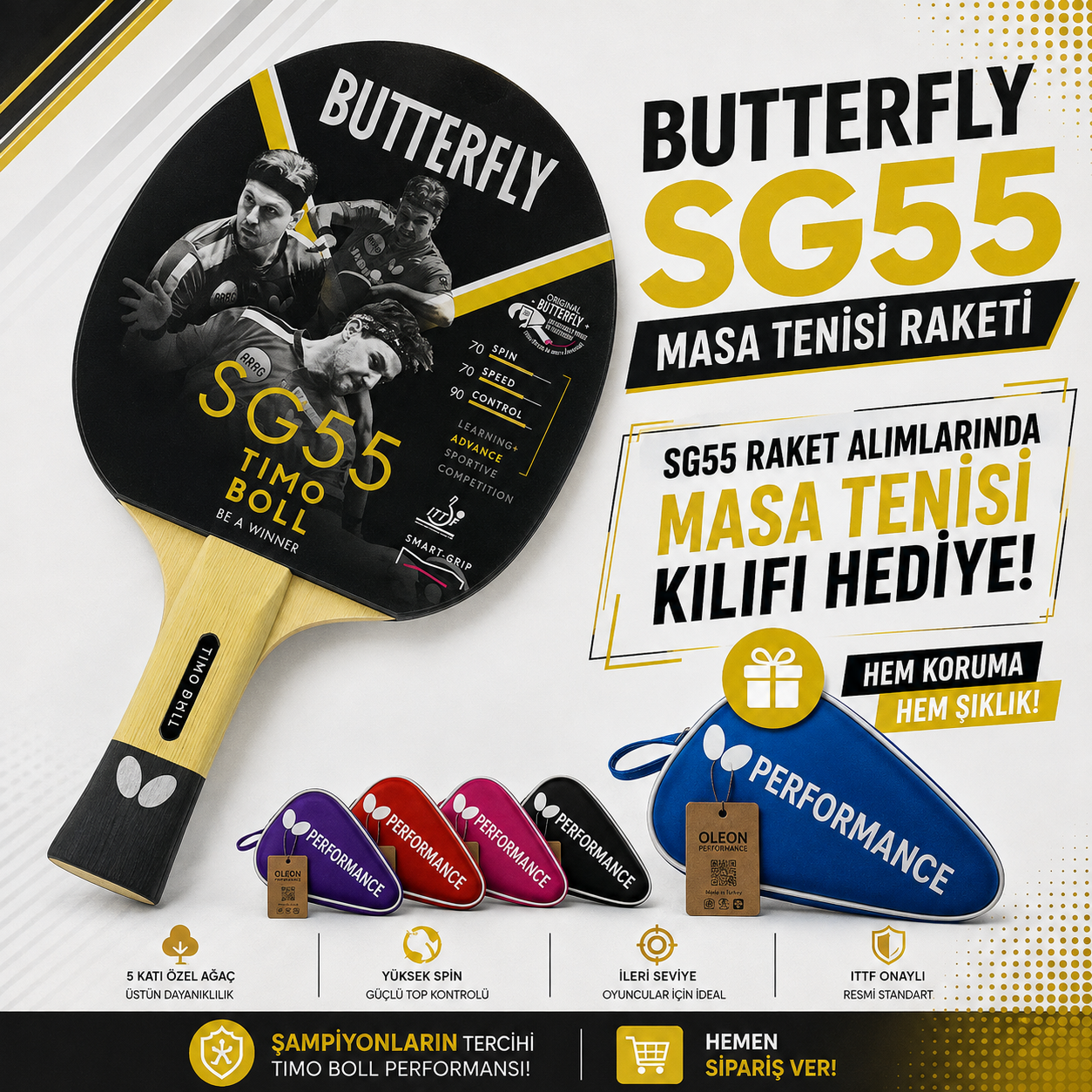 Butterfly 85022S Boll Smart Grip SG55 ITTF Onaylı Masa Tenisi Raketi