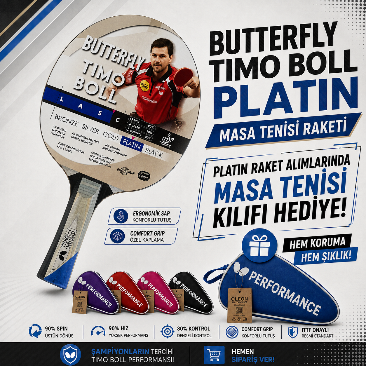 Butterfly Timo Boll 85026S Platin Masa Tenisi Raketi ITTF Onaylı Raket