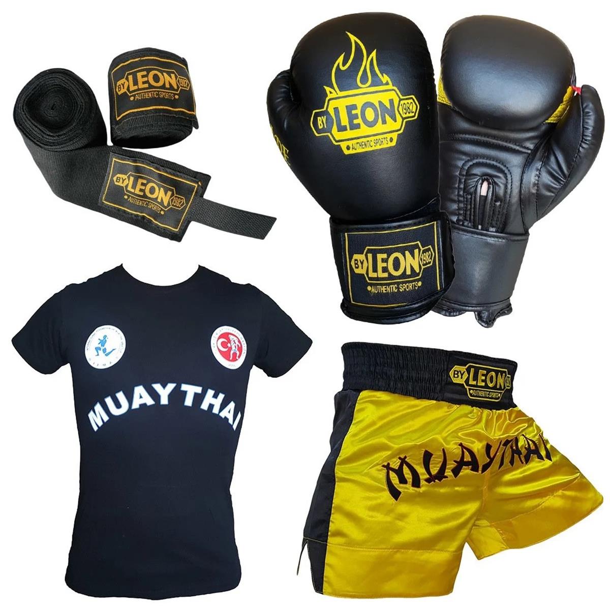 Leon Blade Boks Eldiveni, Muay Thai Şortu, Tişört ve Bandaj Seti Sarı