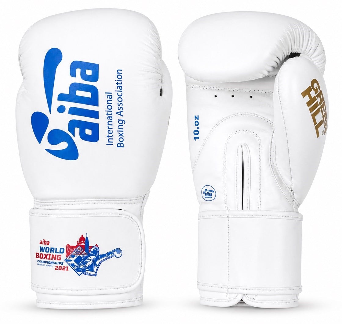 Green Hill AIBA Onaylı Deri Boks Eldiveni Beyaz - Mavi