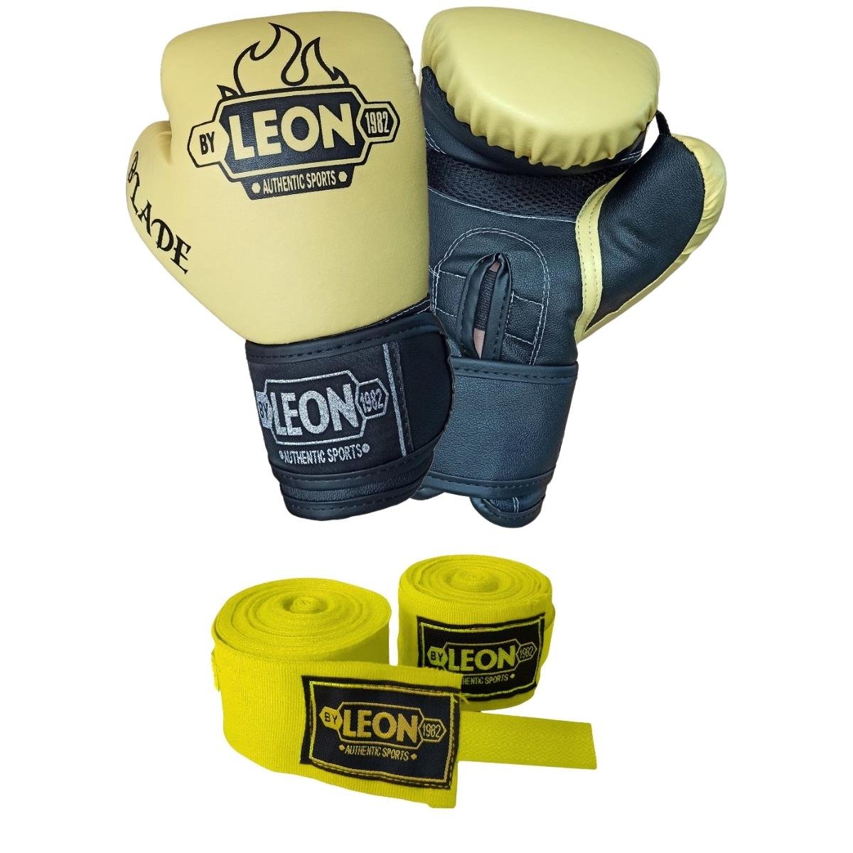 Leon Blade Training Boks Kick Boks Ve Muay Thai Eldiveni ve 3,5 m Bandaj Seti Sarı