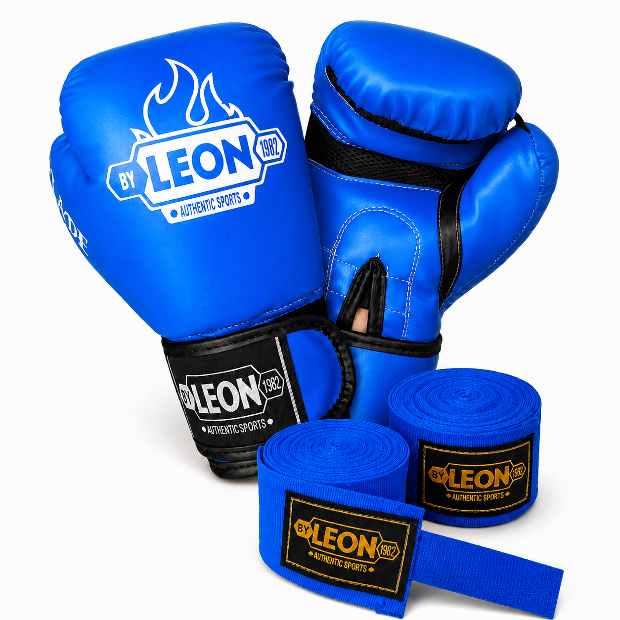 Leon Blade Training Boks Kick Boks Ve Muay Thai Eldiveni ve 3,5 m Bandaj Seti Mavi