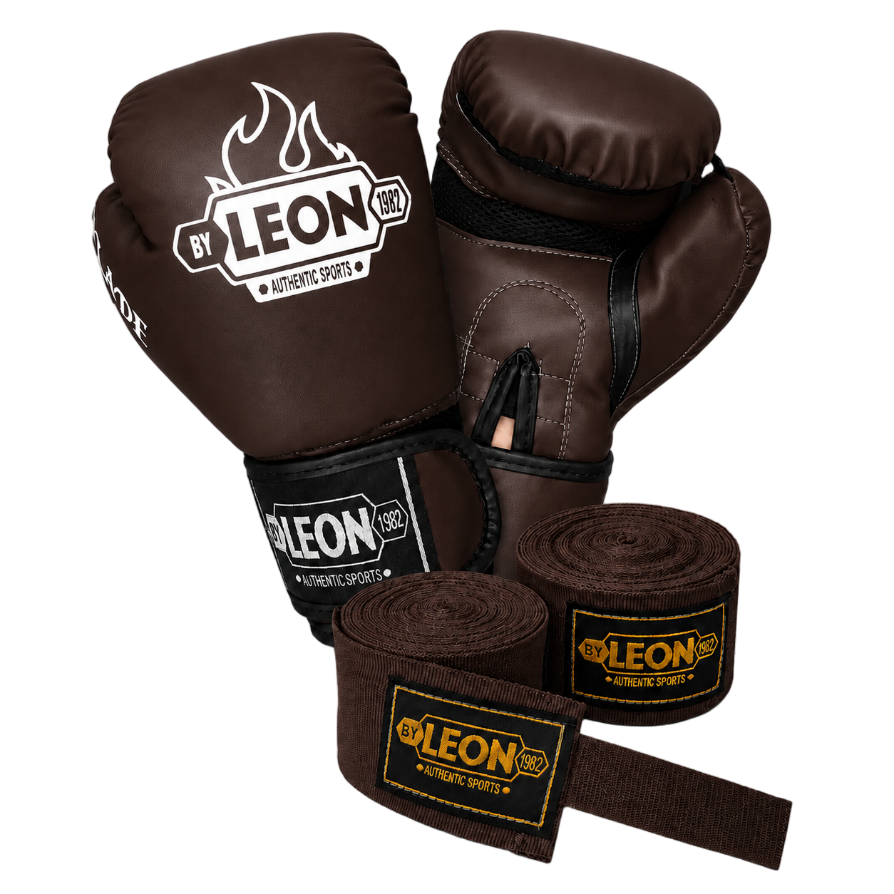 Leon Blade Training Boks Kick Boks Ve Muay Thai Eldiveni ve 3,5 m Bandaj Seti Kahverengi