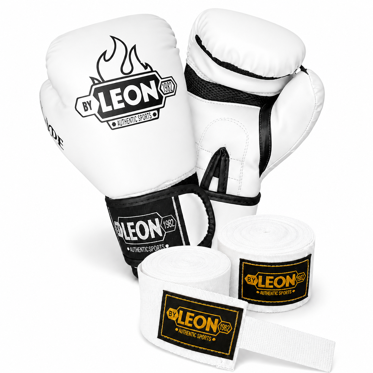Leon Blade Training Boks Kick Boks Ve Muay Thai Eldiveni ve 3,5 m Bandaj Seti Beyaz