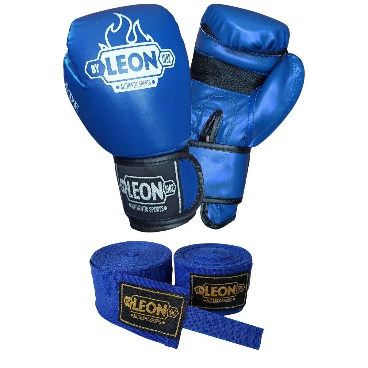 Leon Blade Training Boks Kick Boks Ve Muay Thai Eldiveni ve 3,5 m Bandaj Seti Mavi