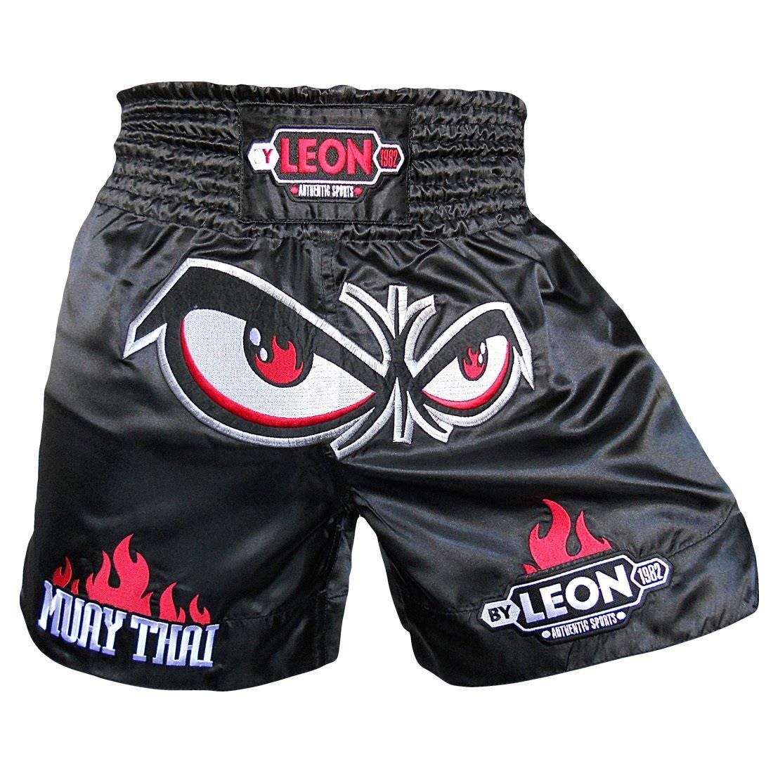 Leon No Fear Nakışlı Profesyonel Muay Thai ve Kick Boks Şortu Siyah