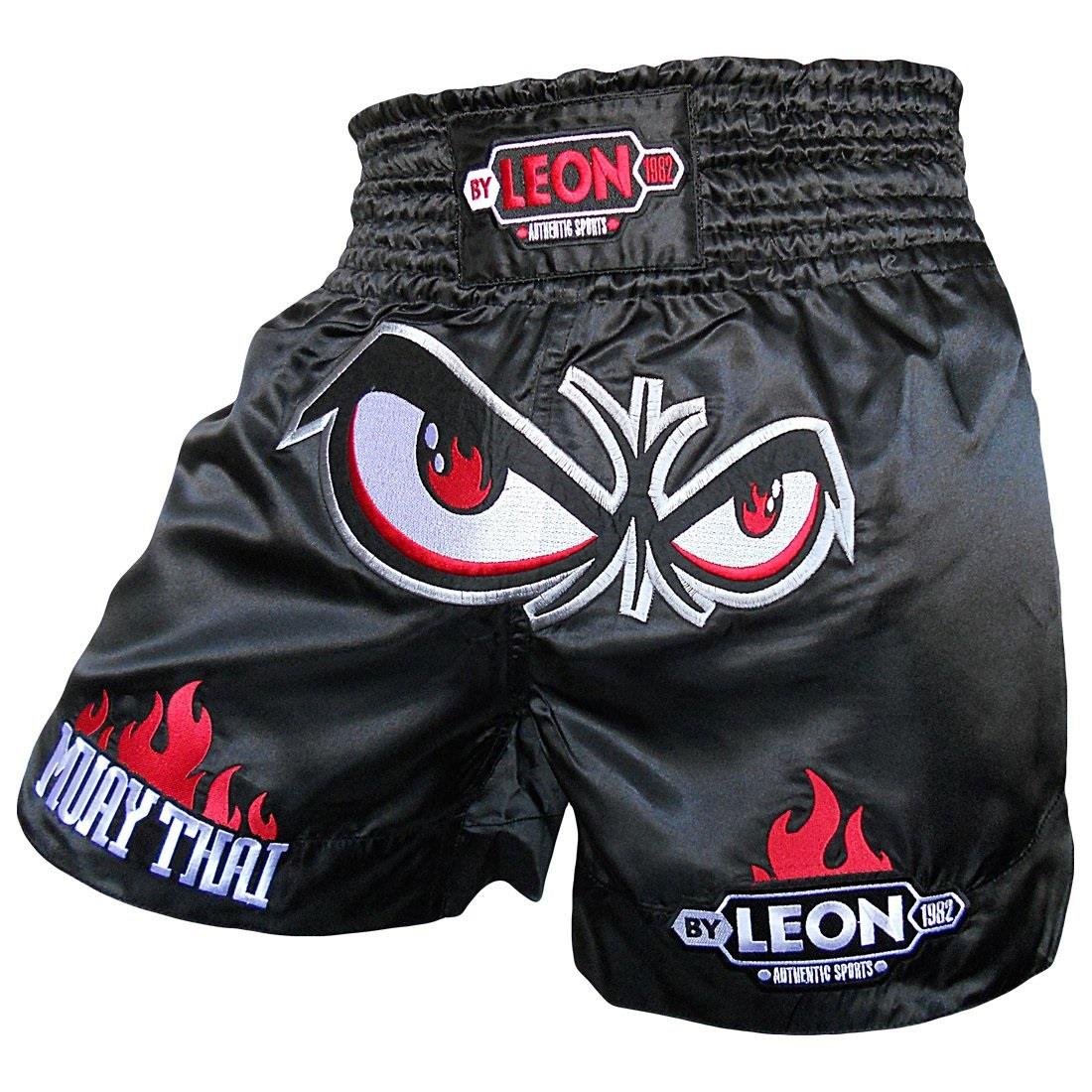 Leon No Fear Nakışlı Profesyonel Muay Thai ve Kick Boks Şortu Siyah