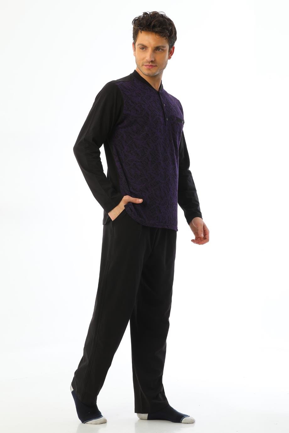 Erkek Jakarlı Patlı Uzun Kol Geometrik Mürdüm Pijama Takımı 8044