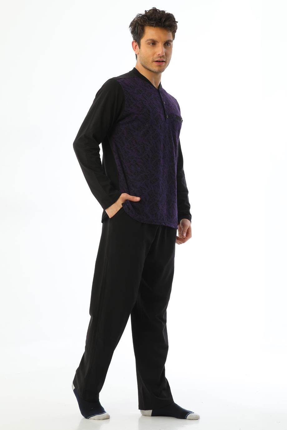 Erkek Jakarlı Patlı Uzun Kol Geometrik Mürdüm Pijama Takımı 8044
