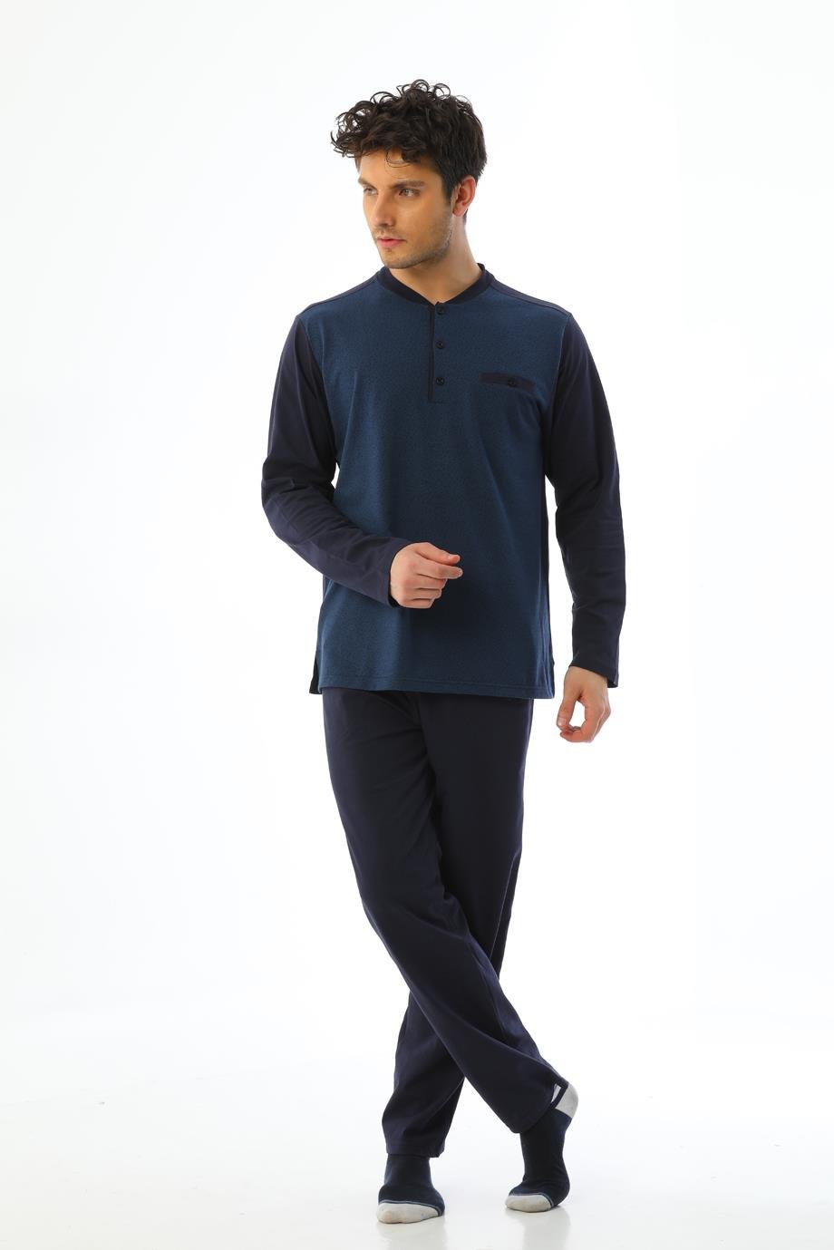 Erkek Jakarlı Patlı Uzun Kollu Çilli Marin Pijama Takımı 8019