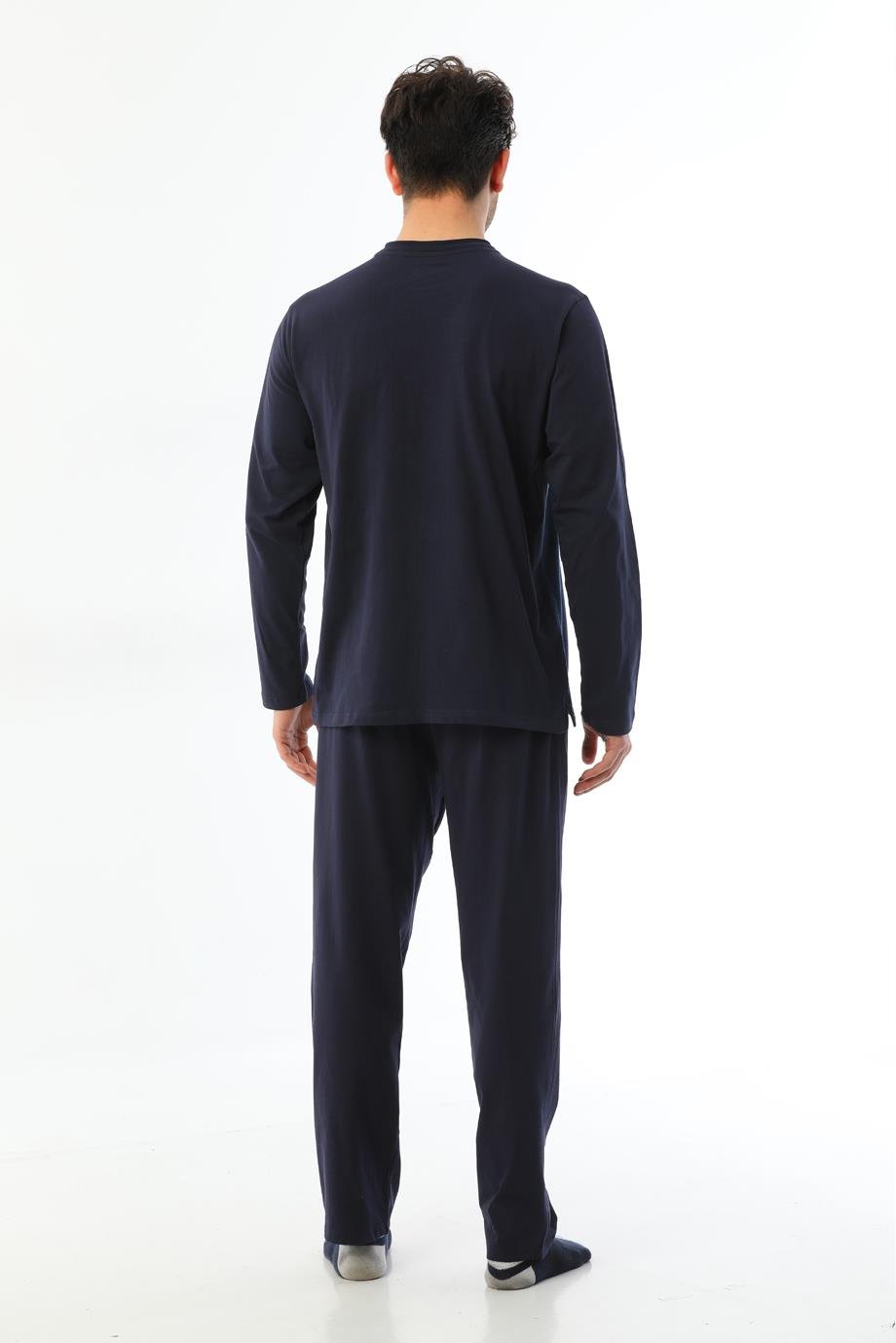 Erkek Jakarlı Patlı Uzun Kollu Çilli Marin Pijama Takımı 8019