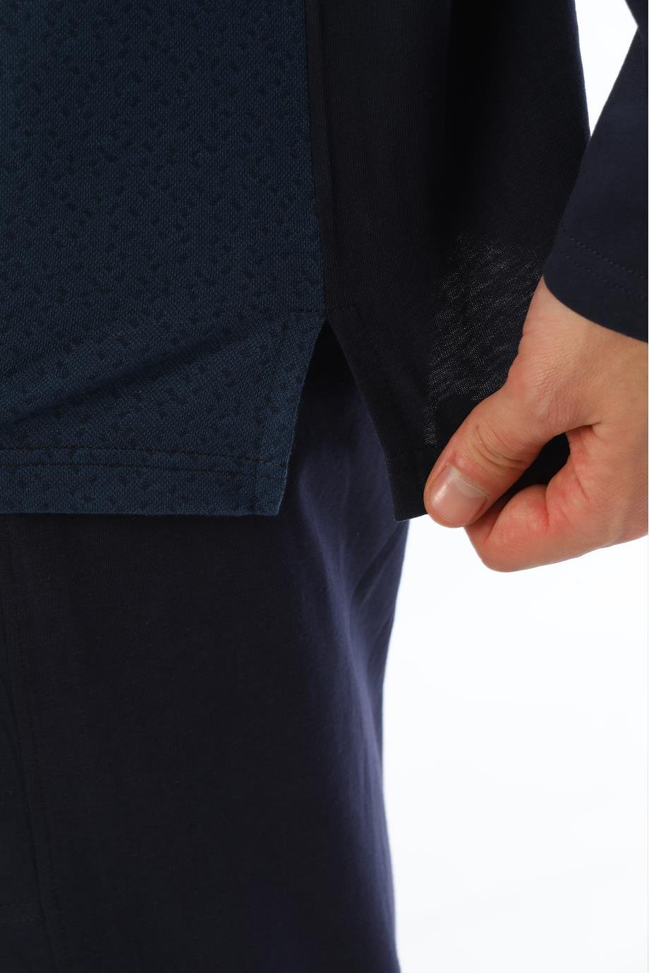 Erkek Jakarlı Patlı Uzun Kollu Çilli Marin Pijama Takımı 8019