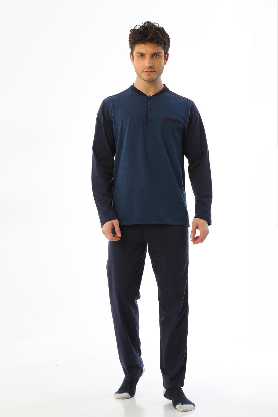 Erkek Jakarlı Patlı Uzun Kollu Çilli Marin Pijama Takımı 8019