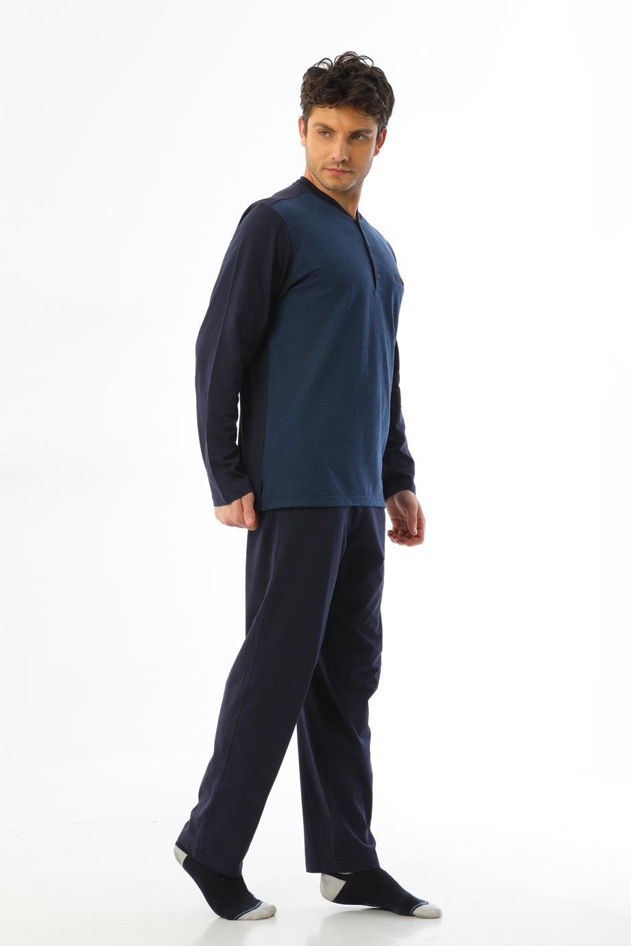 Erkek Jakarlı Patlı Uzun Kollu Çilli Marin Pijama Takımı 8019