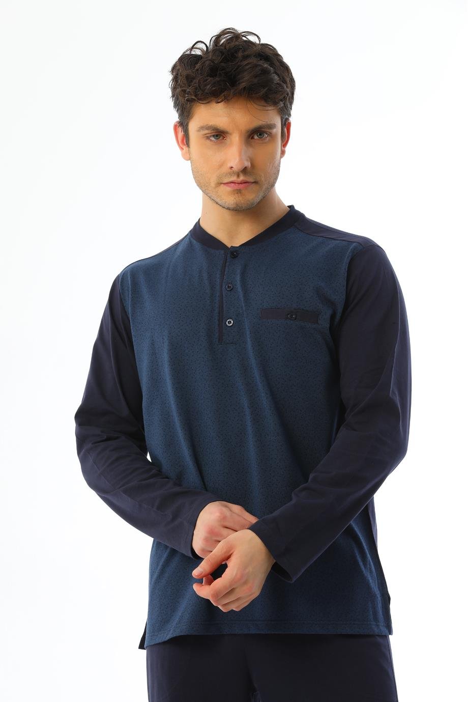 Erkek Jakarlı Patlı Uzun Kollu Çilli Marin Pijama Takımı 8019