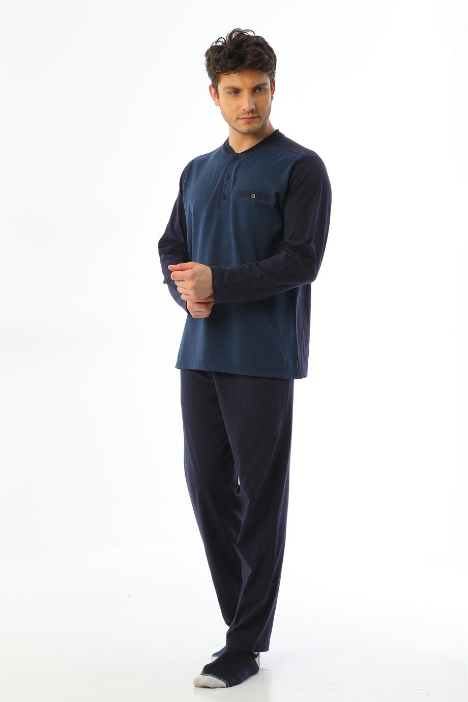 Erkek Jakarlı Patlı Uzun Kollu Çilli Marin Pijama Takımı 8019