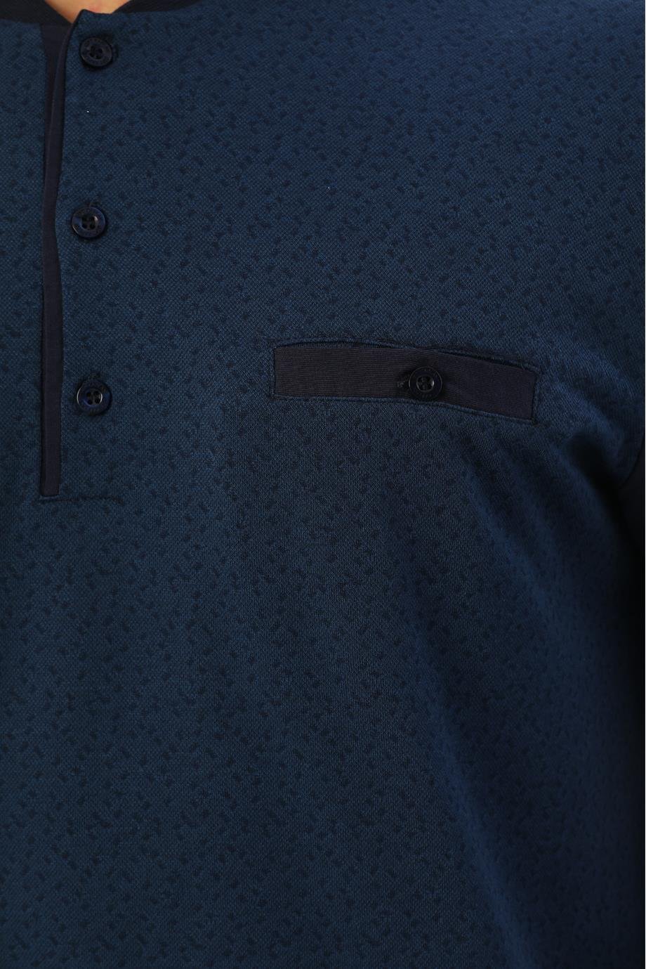 Erkek Jakarlı Patlı Uzun Kollu Çilli Marin Pijama Takımı 8019