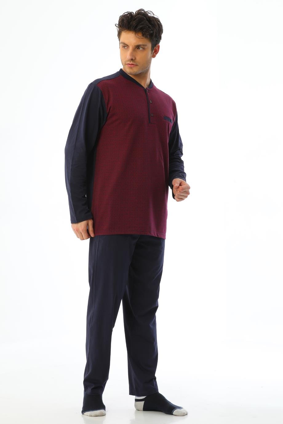 Erkek Jakarlı Patlı Uzun Kollu Desenli Bordo Pijama Takımı 8040