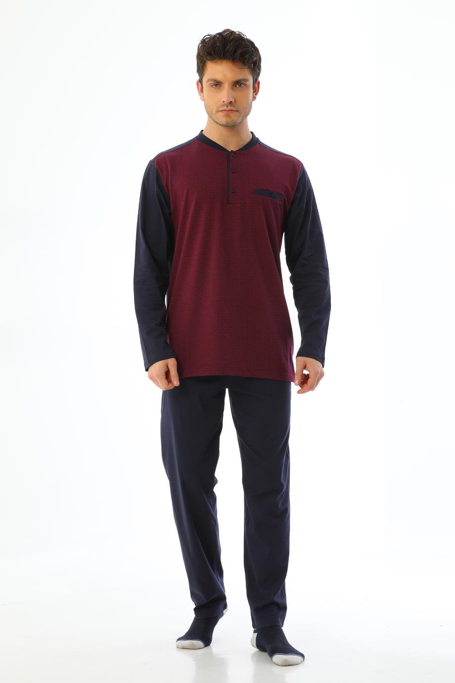 Erkek Jakarlı Patlı Uzun Kollu Desenli Bordo Pijama Takımı 8040