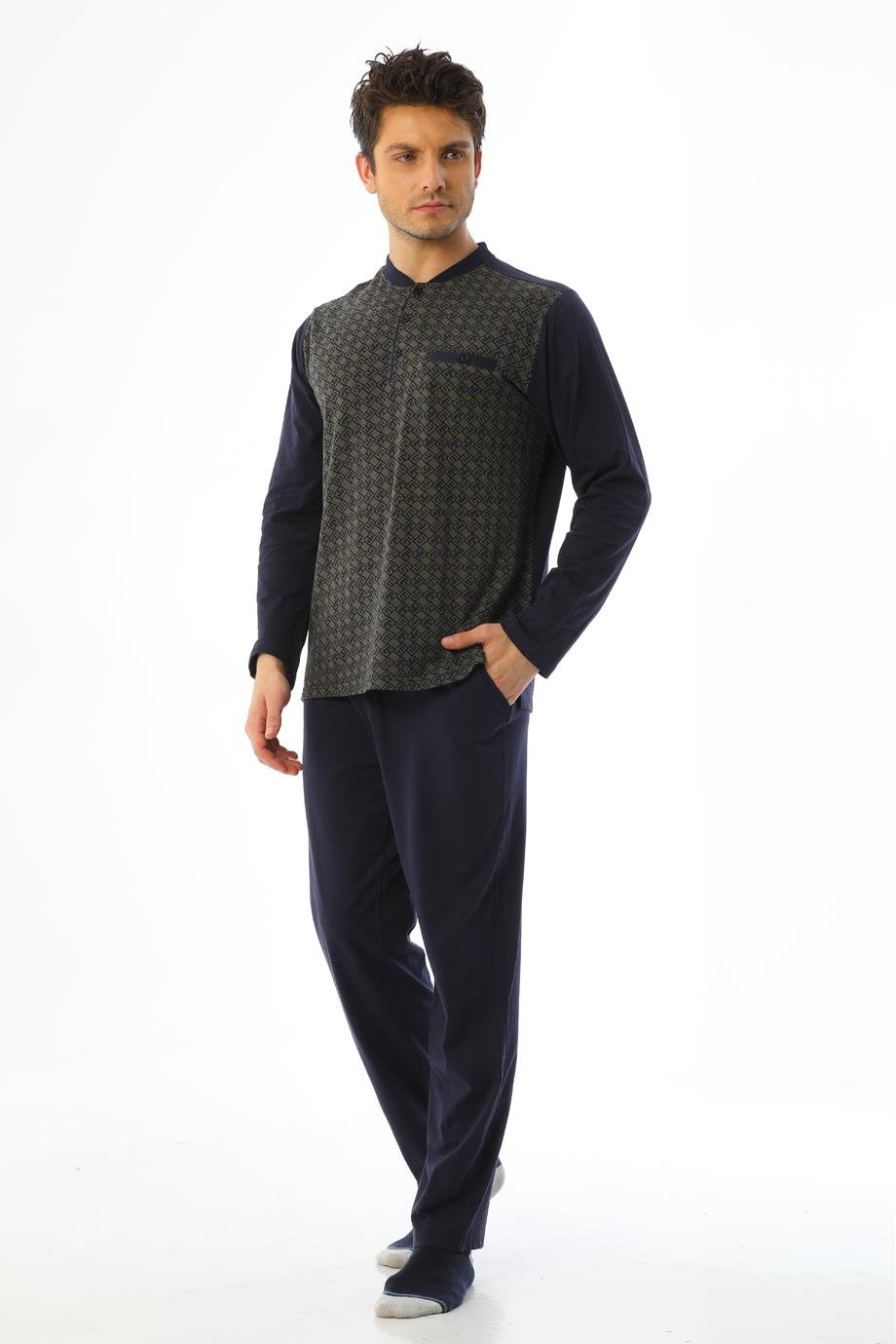 Erkek Jakarlı Patlı Uzun Kollu Geometrik Desenli Vizon Pijama Takımı 8027