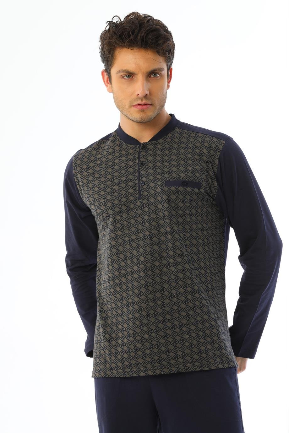 Erkek Jakarlı Patlı Uzun Kollu Geometrik Desenli Vizon Pijama Takımı 8027