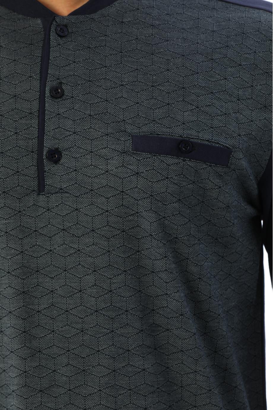 Erkek Jakarlı Patlı Uzun Kollu Gri Baklava Desenli Pijama Takımı 8021