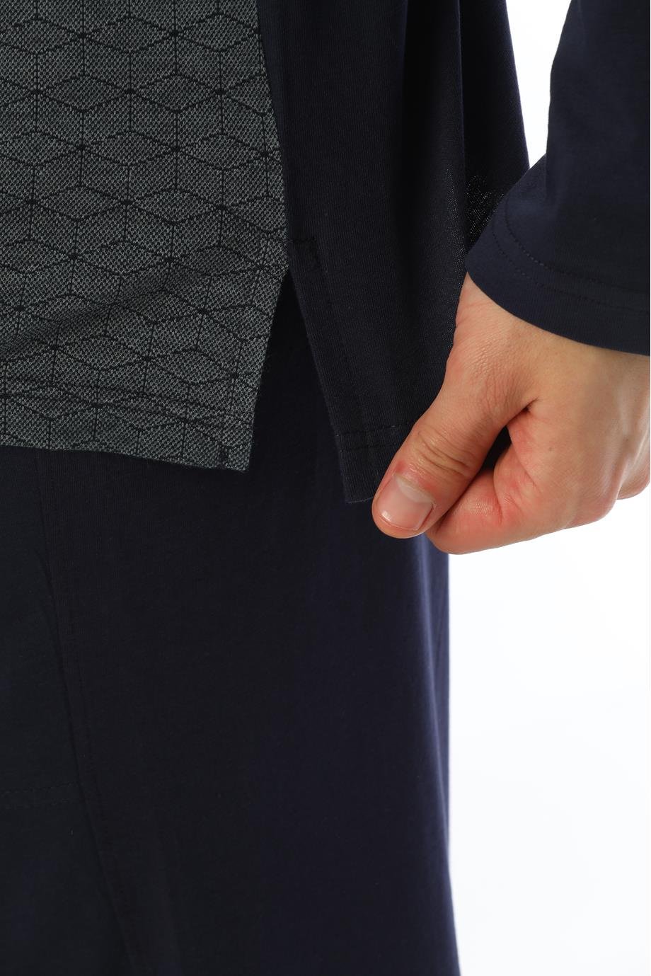 Erkek Jakarlı Patlı Uzun Kollu Gri Baklava Desenli Pijama Takımı 8021