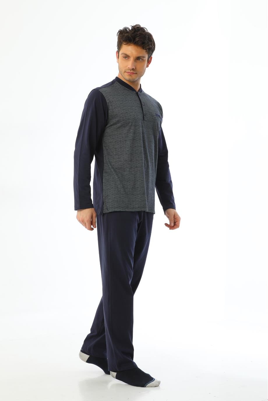 Erkek Jakarlı Patlı Uzun Kollu Gri Baklava Desenli Pijama Takımı 8021