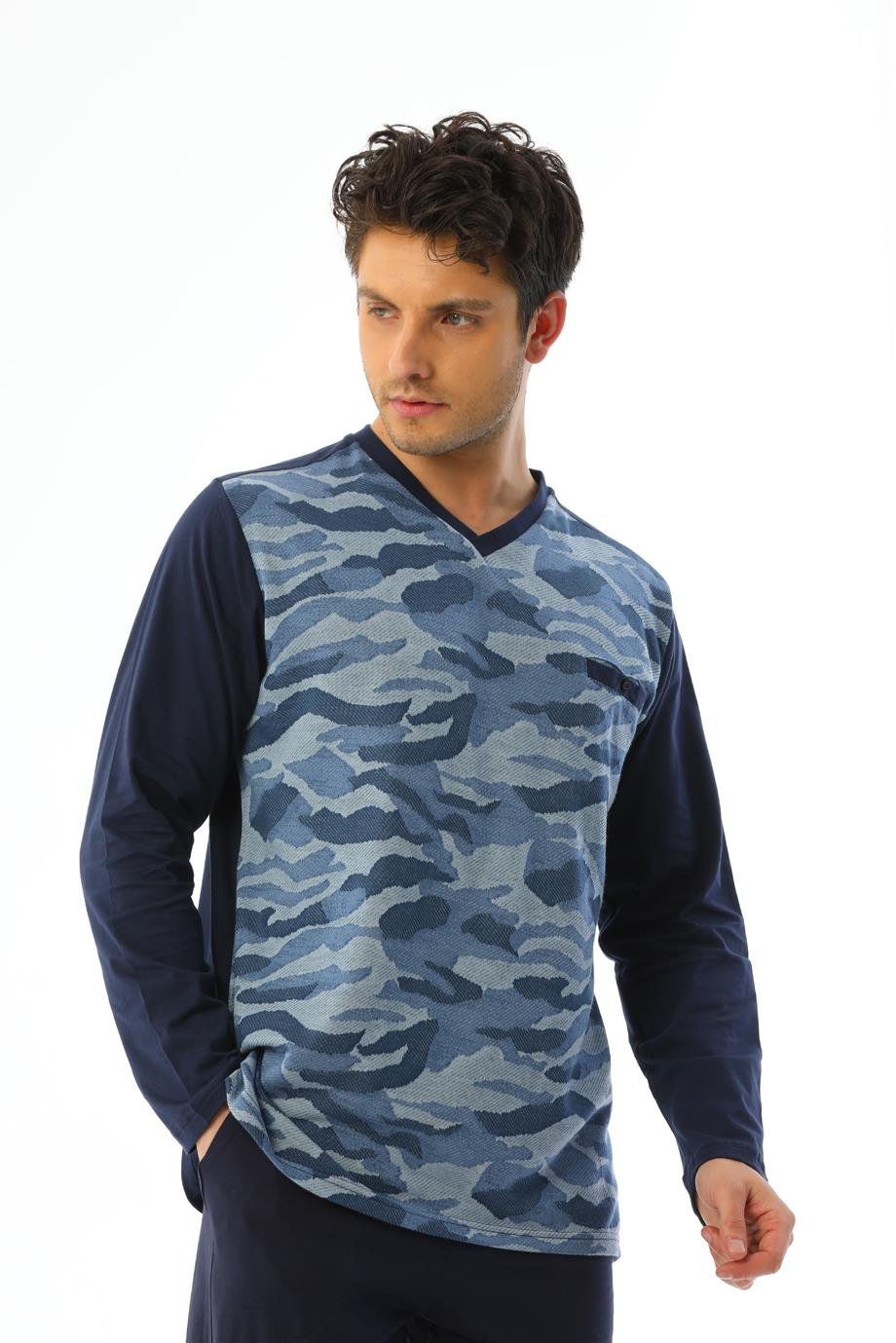 Erkek Jakarlı Patlı Uzun Kollu Mavi Kamuflaj Desenli Pijama Takımı 8007