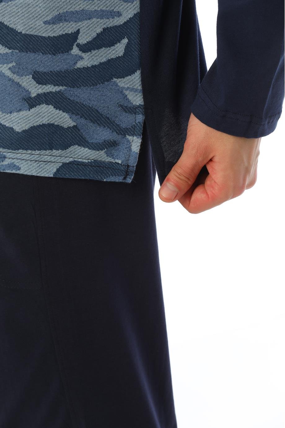Erkek Jakarlı Patlı Uzun Kollu Mavi Kamuflaj Desenli Pijama Takımı 8007