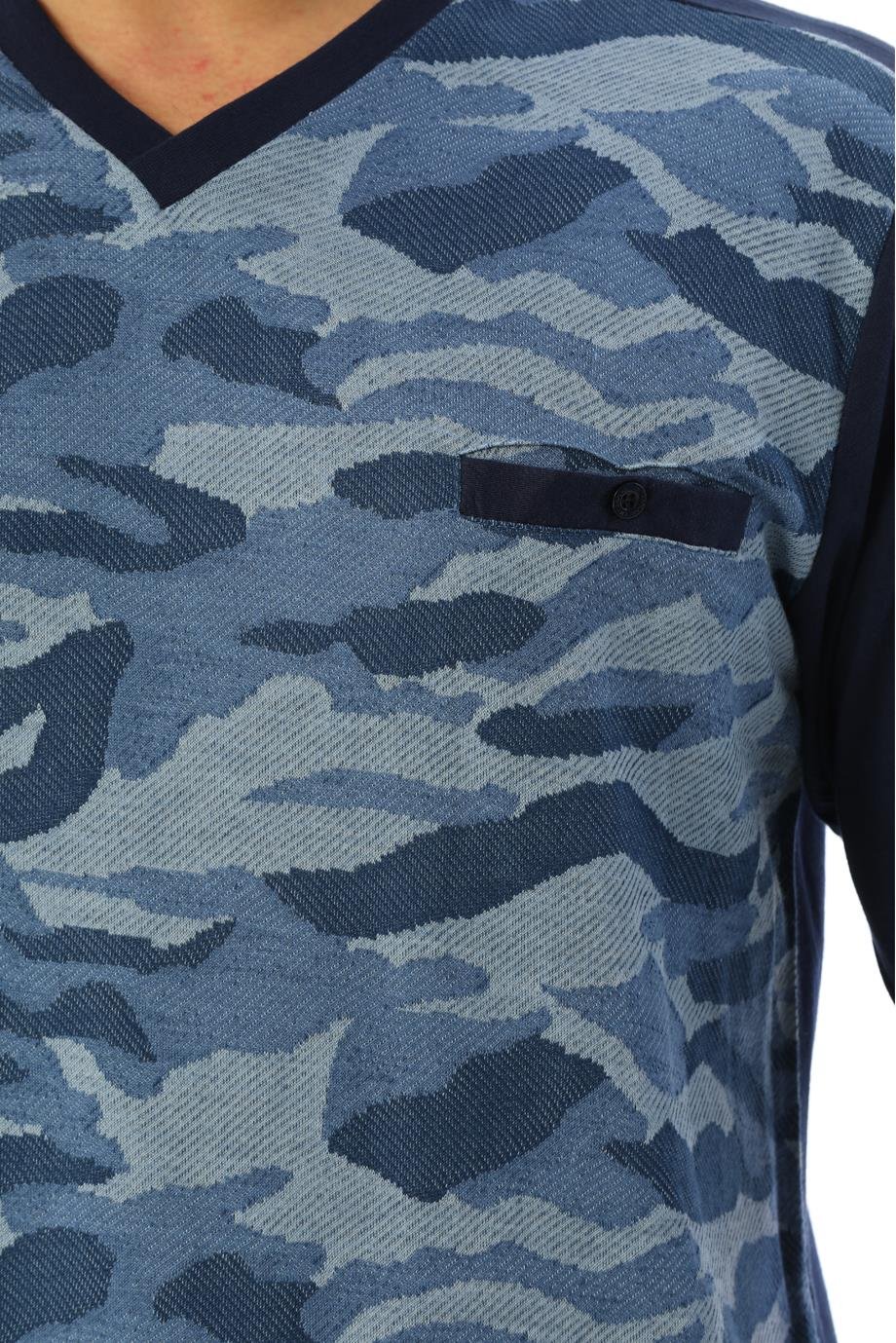 Erkek Jakarlı Patlı Uzun Kollu Mavi Kamuflaj Desenli Pijama Takımı 8007