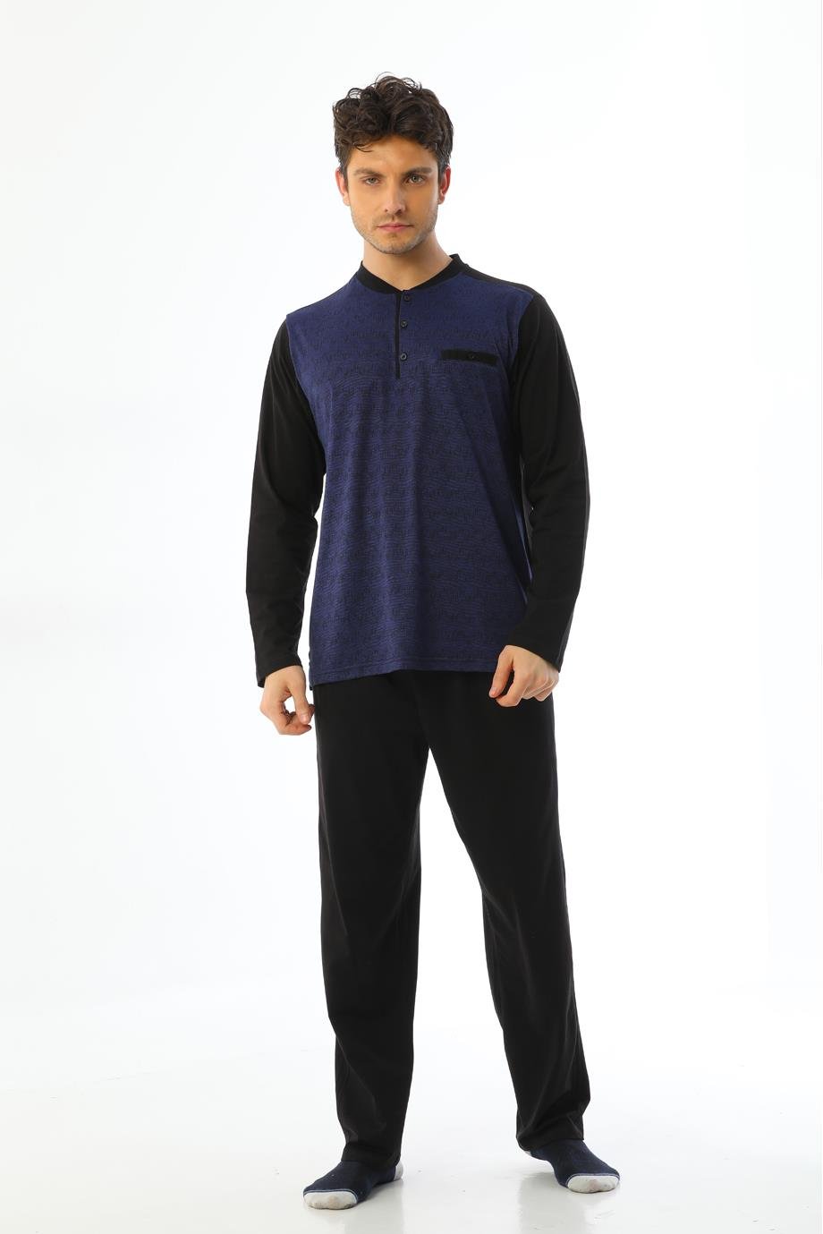 Erkek Jakarlı Patlı Uzun Kollu Saks Desenli Pijama Takımı 8015