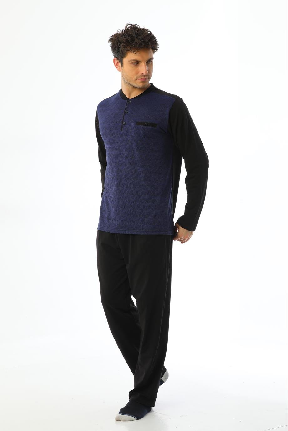 Erkek Jakarlı Patlı Uzun Kollu Saks Desenli Pijama Takımı 8015
