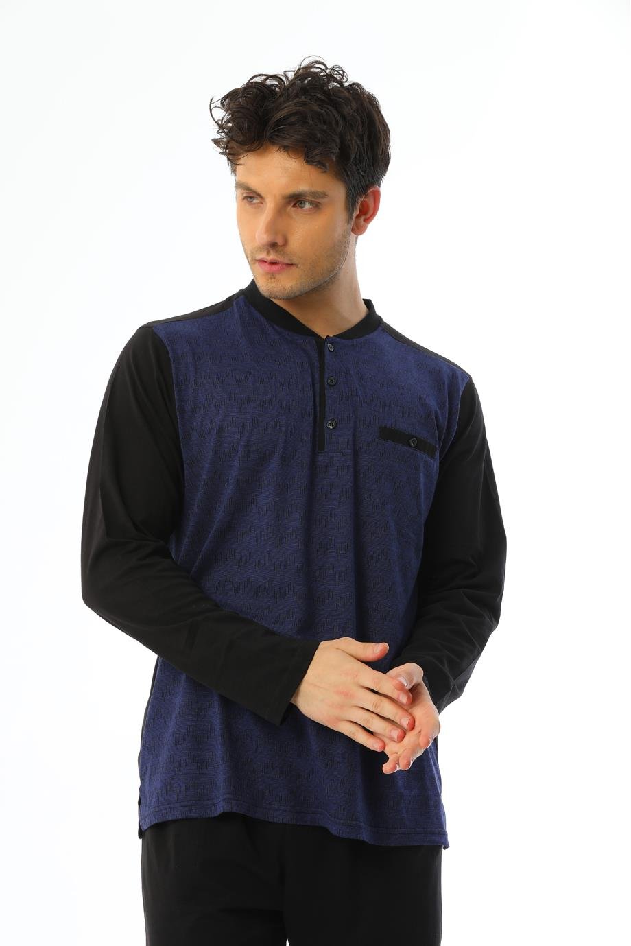 Erkek Jakarlı Patlı Uzun Kollu Saks Desenli Pijama Takımı 8015