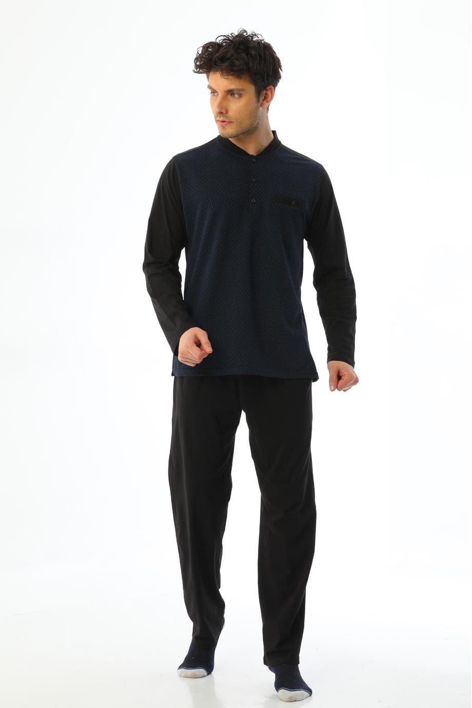 Erkek Jakarlı Patlı Uzun Kollu Saks Küp Desenli Pijama Takımı 8012