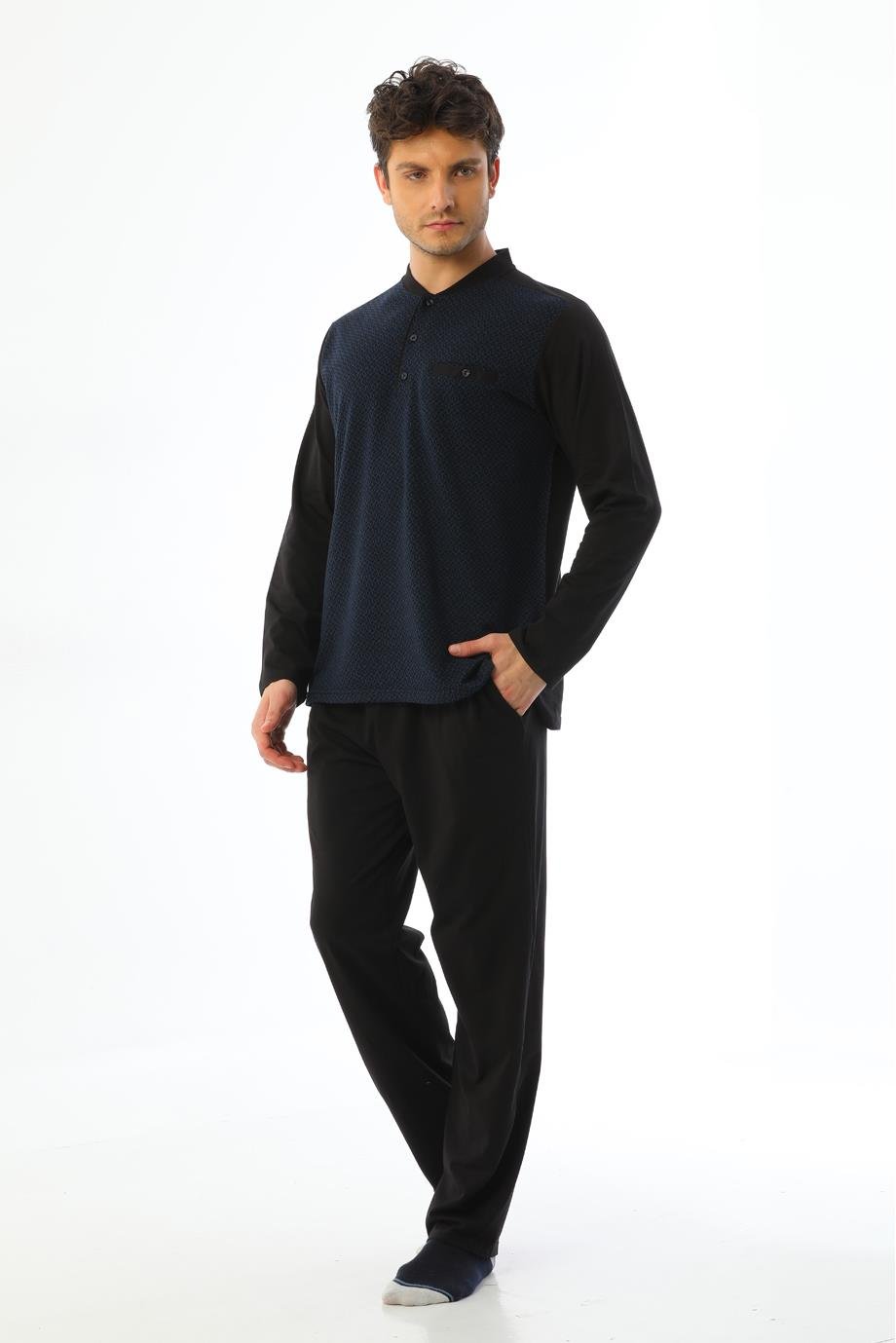 Erkek Jakarlı Patlı Uzun Kollu Saks Küp Desenli Pijama Takımı 8012