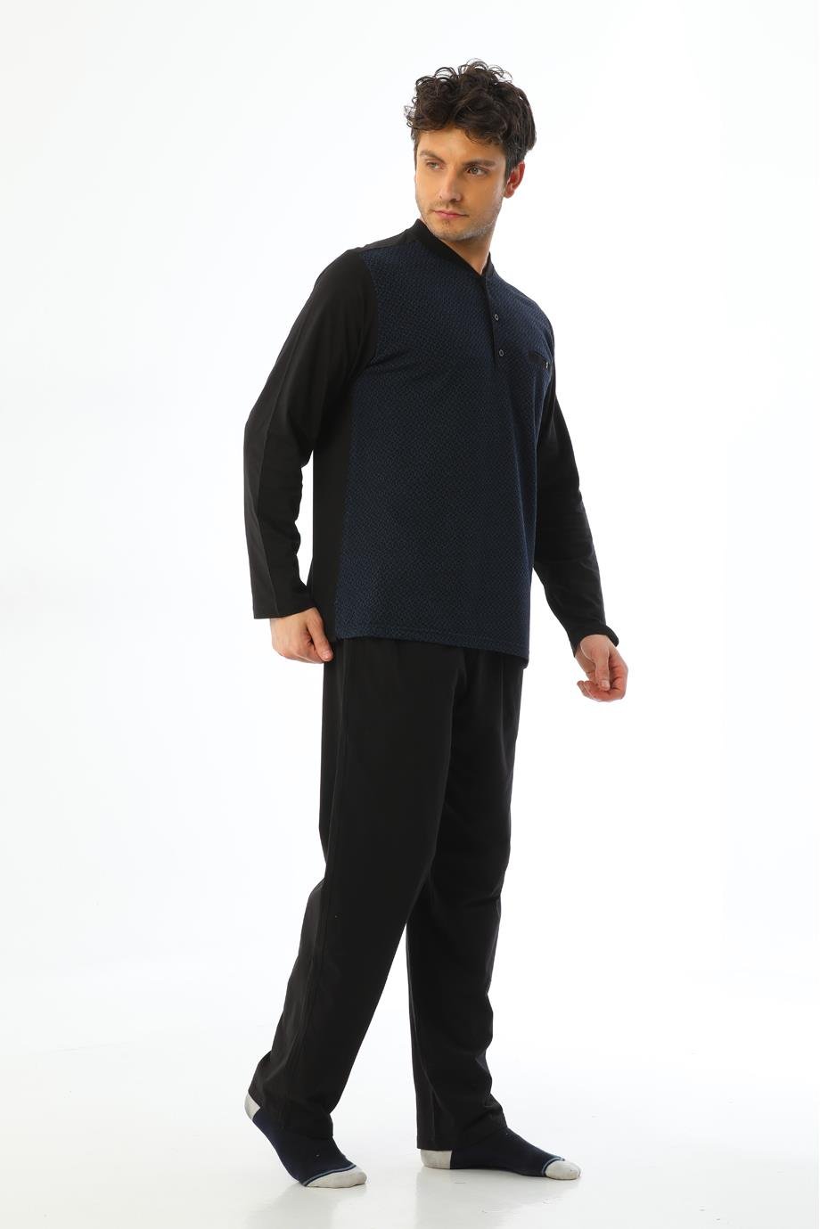 Erkek Jakarlı Patlı Uzun Kollu Saks Küp Desenli Pijama Takımı 8012