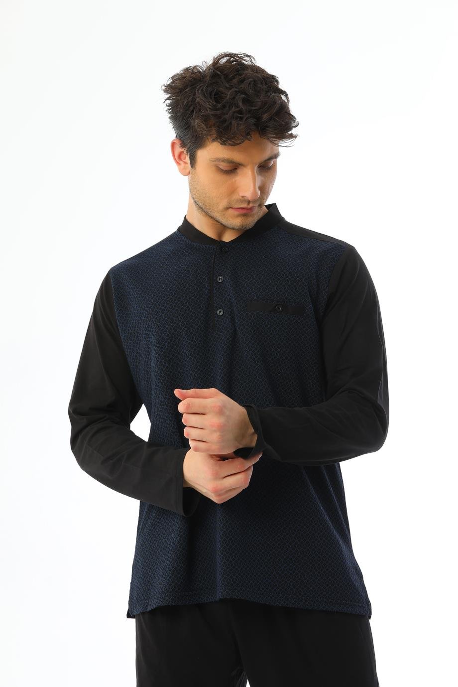 Erkek Jakarlı Patlı Uzun Kollu Saks Küp Desenli Pijama Takımı 8012