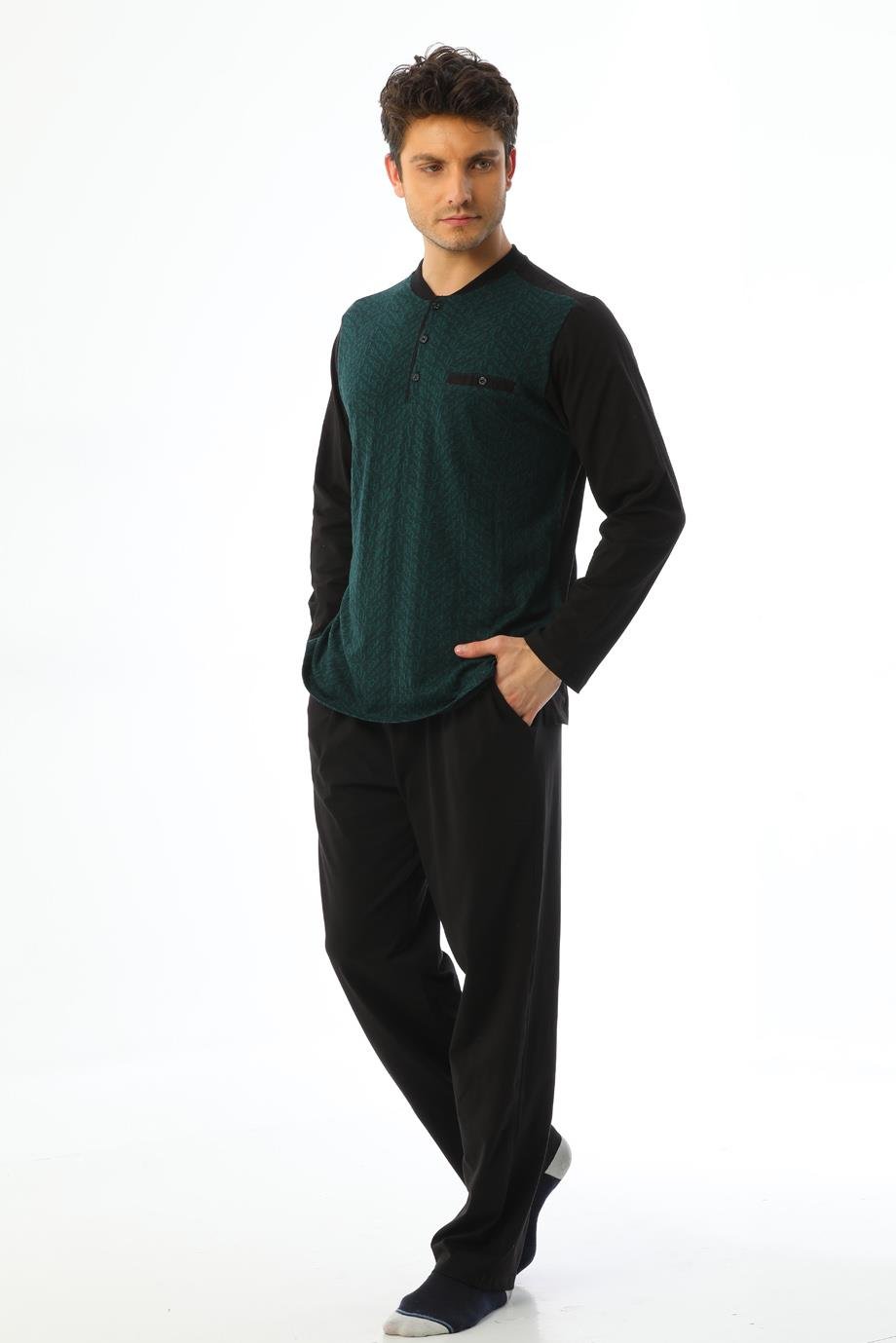 Erkek Jakarlı Patlı Uzun Kollu Yeşil Desenli Pijama Takımı 8004