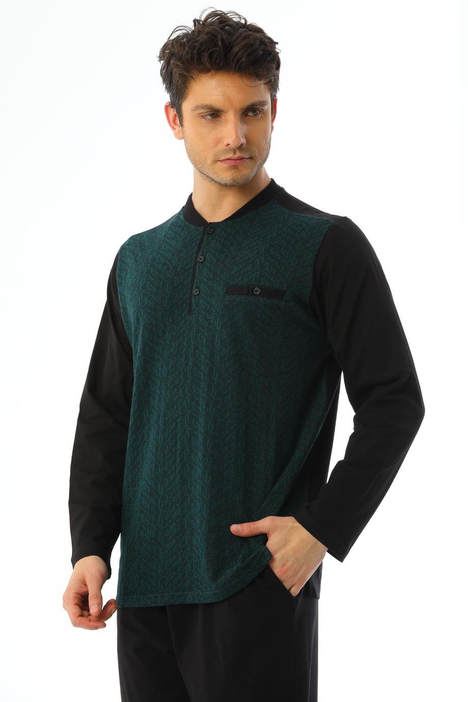 Erkek Jakarlı Patlı Uzun Kollu Yeşil Desenli Pijama Takımı 8004