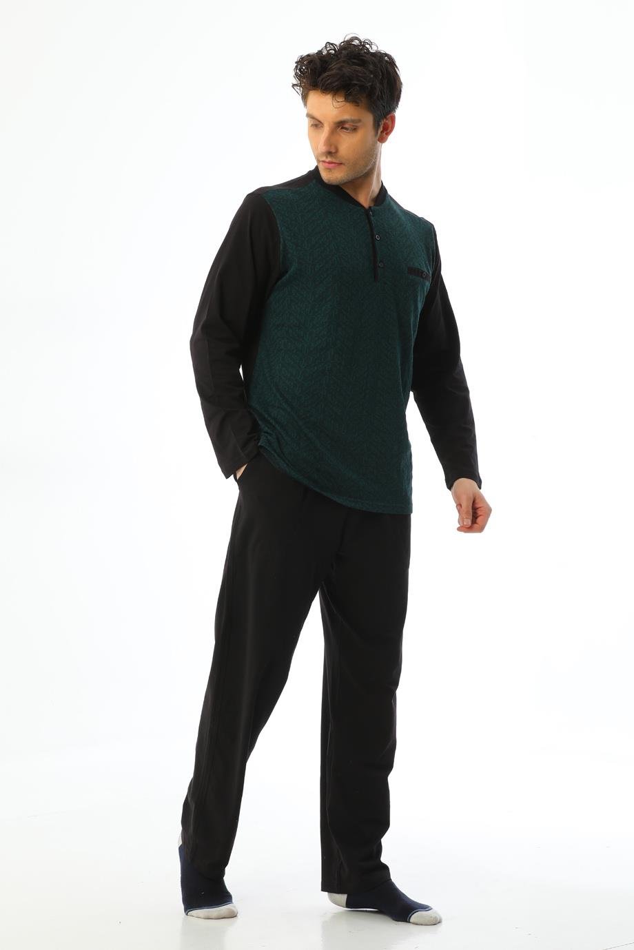 Erkek Jakarlı Patlı Uzun Kollu Yeşil Desenli Pijama Takımı 8004