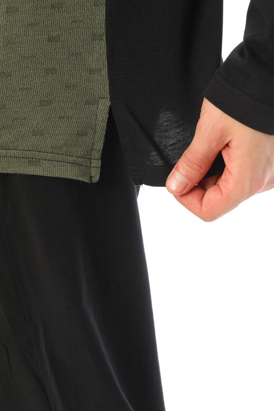 Erkek Jakarlı V Yaka Haki Uzun Kol Pijama Takımı 8047