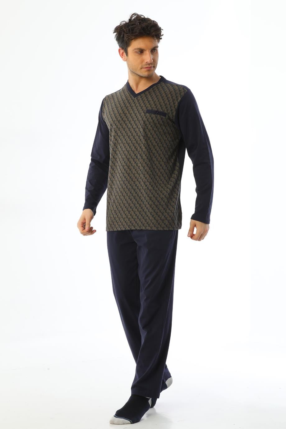 Erkek Jakarlı V Yaka Uzun Kollu Çitli Vizon Desenli Pijama Takımı 8024