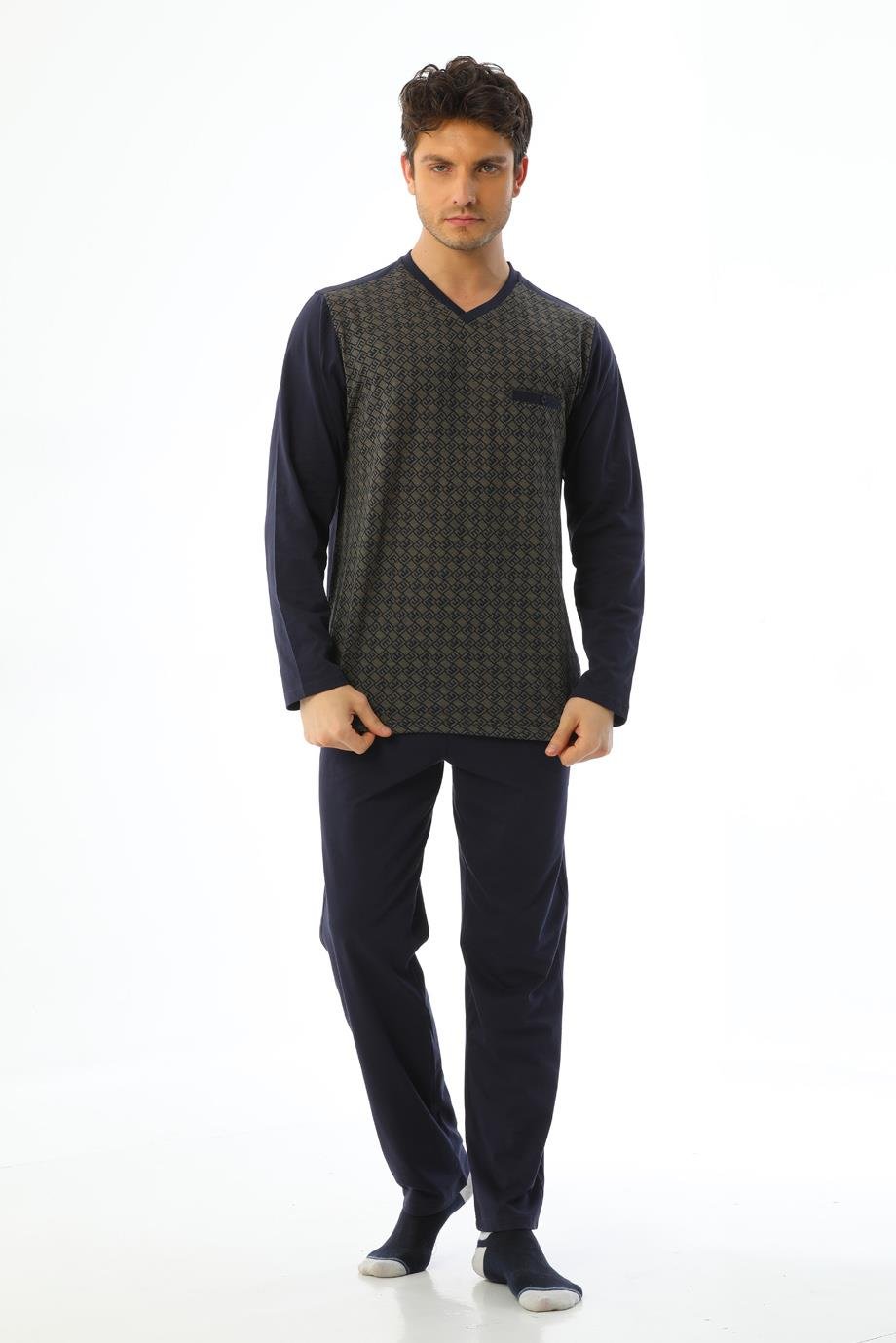 Erkek Jakarlı V Yaka Uzun Kollu Geometrik Desenli Pijama Takımı 8028