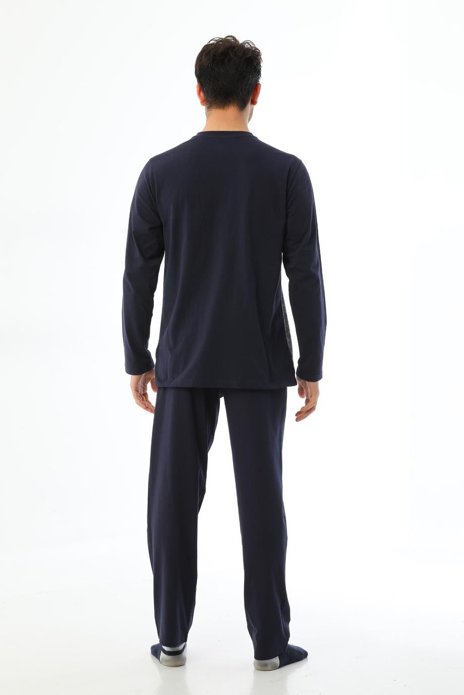 Erkek Jakarlı V Yaka Uzun Kollu Geometrik Desenli Pijama Takımı 8028